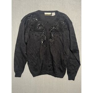Dana Scott Women's Black Beaded Sequin Cardigan Sweater Size L Large Vintage
